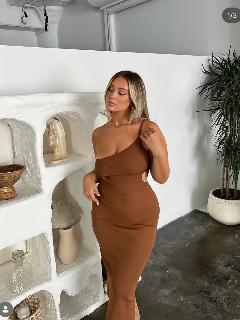 Asymmetric One-Shoulder Cutout Midi Dress - Brown